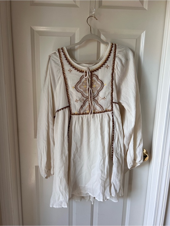 Lulus Dresses & Skirts - Lulu's Cream Embroidered Mini Dress with Brown & Gold Detailing